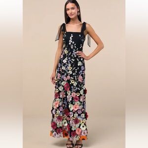 Lulus Thriving Poise Black 3D Floral Embroidered Tie-Strap Maxi Dress